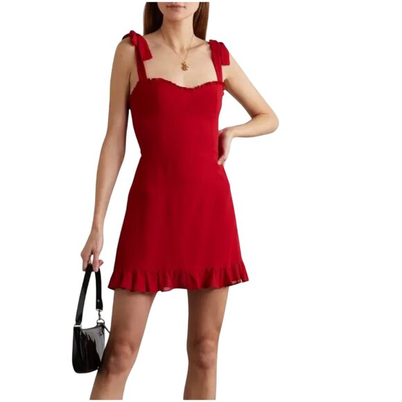 Reformation Christine Mini Ruffle Dress in Lipstick Red size 4 S XS tie straps - Picture 1 of 11